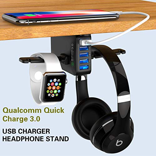Product Cover Yostyle Headphone Stand with USB Charger,Under Desk 5 USB Port QC3.0 Quick Charging Station & Headset Hanger and Mount with Cable Organizer,USB-A and QC 3.0 | Gaming, Computer, and PC Accessory