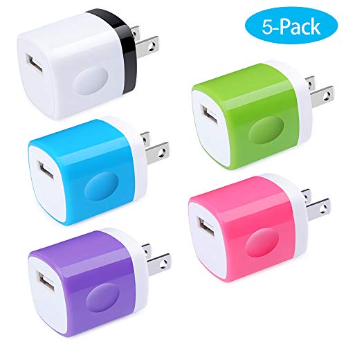 Product Cover Charging Block, Charger Box, Ououdee 1A 5-Pack Travel Single Port USB Wall Charger Brick Cubes Compatible iPhone X/8/8 Plus/7/6S Plus, Samsung Galaxy s10e S10 S9 S8 Plus/S7/S6/Note 9/8, LG G8 G7, Moto