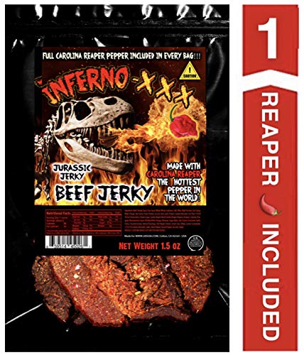 Product Cover JURASSIC JERKY'S INFERNO - XXX HOT Beef Jerky Every 1.5 oz bag includes (1) Carolina Reaper Pepper the Hottest Pepper in the World! Can you handle the Heat? Take the Challenge!