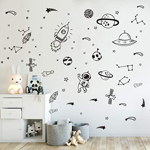 Product Cover Wall Decor for Boys Room Art Outer Space Star Rockets Planets Stickers Removable Space Wall Decal for Children Bedroom Decoration (Black)