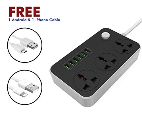 Product Cover EMBox Power Strip Extension Cord with USB Port and Surge Protector| 6 USB(3.4 A) Ports with Indicator, 3 Universal Sockets | 2Mts Cable (Power Strip + 1 Android and 1 iPhone Cable)