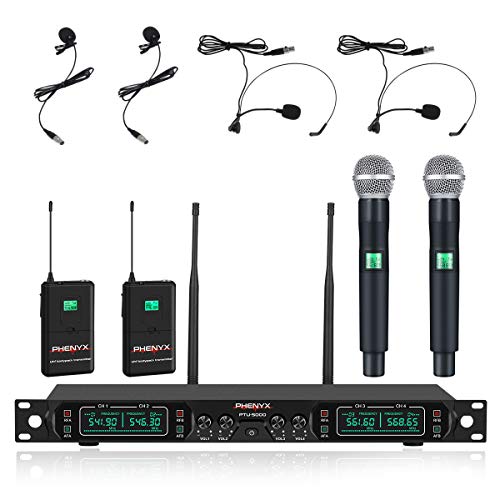 Product Cover Phenyx Pro 4-Channel UHF Wireless Microphone System, Cordless Mic Set with Handheld/Lapel/Headset/Bodypack, Rugged Metal Build, Fixed Frequency, Long Range, Ideal for Karaoke,Church,Events(PTU-5000C)