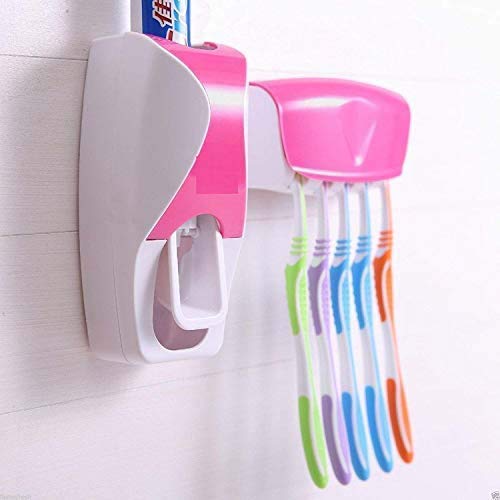 Product Cover WIDEWINGS Plastic Automatic Hands Free Toothpaste Dispenser Wall Mounted Toothpaste Squeezer Dispenser with Detachable 5 Hole Toothbrush Holder (Multicolor)