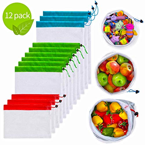 Product Cover 12Pcs Reusable Mesh Produce Bags, Washable Premium Through Lightweight Mesh Bags, Eco Friendly Toy Fruit Vegetable Produce Bags with Drawstrings for Home Shopping Grocery Storage - 3 Various Sizes