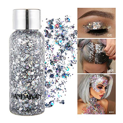 Product Cover GL-Turelifes Mermaid Sequins Chunky Glitter Liquid Eyeshadow Glitter Body Gel Festival Glitter Cosmetic Face Hair Nails Makeup Long Lasting Sparkling 30g (01# Silver)
