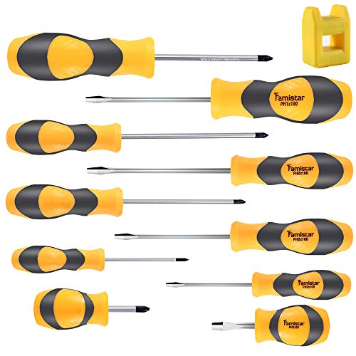 Product Cover Magnetic Screwdriver Set 10 PCS,Famistar Professional Cushion Grip 5 Phillips and 5 Flat Head Tips Screwdriver for Repair Home Improvement Craft