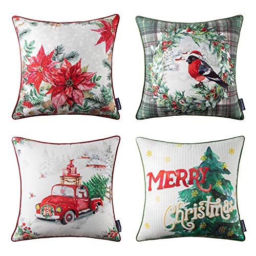Product Cover Phantoscope Christmas Decorative Pillow Cover Snow Wreath Red Car, Vintage House and Christmas Tree with Flanged Edges for Xmas Home Decor Couch Bed Sofa, Pack of 4, 18 x 18 inches 45 x 45 cm