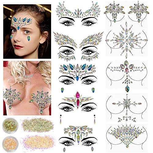 Product Cover 10 Sets Face Gems Glitter,Women Mermaid Bindi Temporary Stickers Rhinestone Rave Face Body Jewels festival 2 Pack Face Body Glitter