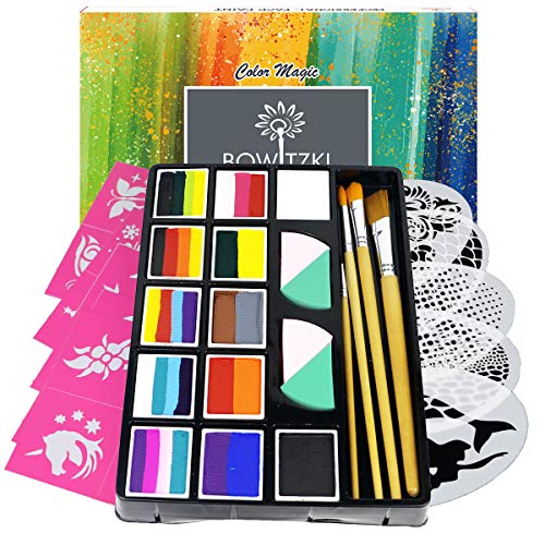 Product Cover Bowitzki Professional Face Painting Kit for Kids Adults 12 x 10gm Face Paint Set with Stencil One Stroke Split Cakes Palette Non Toxic Rainbow Flora Dolphin Unicorn Flame Body Paint