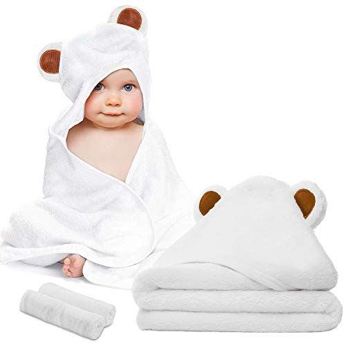 Product Cover Baby Towel and Washcloth Set-Baby Bath Towel and Washcloth -Hooded Towel and Washcloth- Bamboo Fiber Hooded Baby Towel for Boys, Girls, Kids, Toddlers, Newborn Bath Present(35 by 35in)