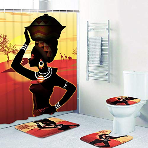 Product Cover 4 Piece Afro Girl Shower Curtain Sets with Non-Slip Rugs, Toilet Lid Cover and Bath Mat, Ancient Egyptian Shower Curtain African Woman Desert Shower Curtain with 12 Hooks, Waterproof Shower Curtain