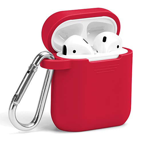 Product Cover AirPods Case, GMYLE Silicone Protective Shockproof Wireless Charging Airpods Earbuds Case Cover Skin with Keychain Accessory kit Set Compatible for Apple AirPods 1 & 2 2016-2019 - True Red