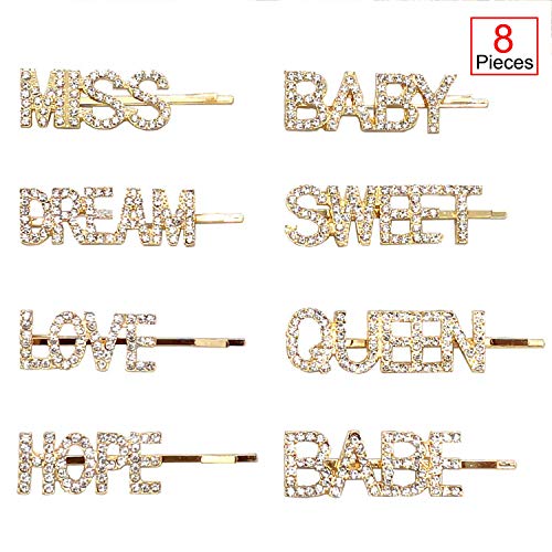 Product Cover Onene 8 pieces Rhinestones Letter Bobby Pins, Word Crystal Hair Pins, Metal Hair Clips Hair Barrettes, Sparkly Hair Accessories for Women Ladies Hair Accessories, Gold Color
