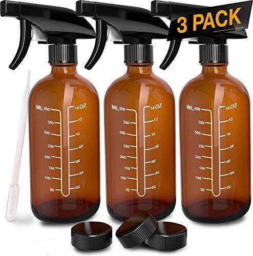 Product Cover 3 Pack - Refillable Empty Amber Glass Spray Bottles [Free Phenolic Cap and Pipette] for Cleaning Solutions, Hair, Essential Oils, Plants - Trigger Sprayer with Mist and Single Mode (16 OZ)