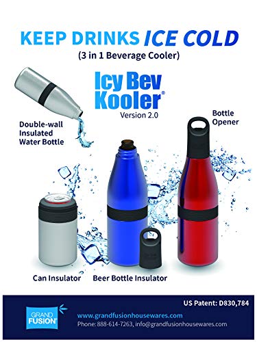 Product Cover Grand Fusion Housewares ICY BEV Kooler 2.0-3 in 1 Bottle Insulator, Can Insulator, and Water Bottle, Double Wall Vacuum Sealed Insulation Keeps Beer, soda, and Drinks ice Cold