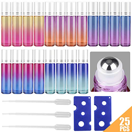 Product Cover 10ml Colorful Essential Oil Roller Bottles Set with Stainless Steel Balls, Tomorotec Home Ultra Thick Roller Bottle for Oil with Opener and Droppers (20 Pcs)