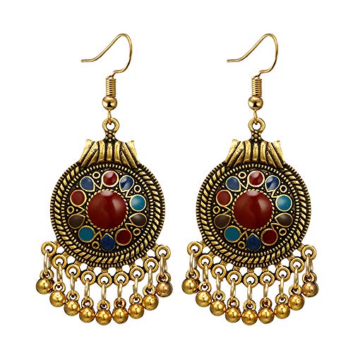 Product Cover Ethnic Brocade Gypsy Engraved Flower Tassel Bells Hook Earrings Long Hollow Dangle Earrings for Women and Girls (Round（Red Gold）)