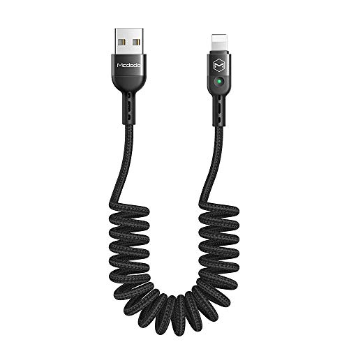 Product Cover Anti Winding Cable, Mcdodo LED Coiled Cord Nylon Braided Sync Charge USB Data 6FT/1.8M Cable Compatible New Phone List Below (Black, 6FT/1.8M)
