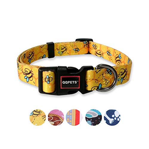 Product Cover QQPETS Dog Collar Personalized Soft Comfortable Adjustable Collars for Small Medium Large Dogs Outdoor Training Walking Running (M, Yellow Bee)