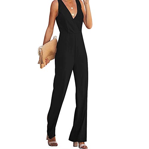 Product Cover Womens Jumpsuits Casual Deep V Neck Sleeveless High Waist Wide Leg Jumpsuit Rompers