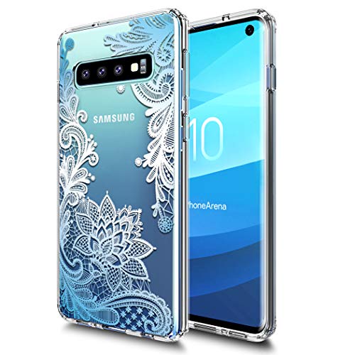 Product Cover Huness Galaxy S10 Case TPU Grip Bumper and Clear Flower Transparent Hard PC Backplate Hybrid Slim Phone Case Cover for Samsung Galaxy S10 Phone (Blue)