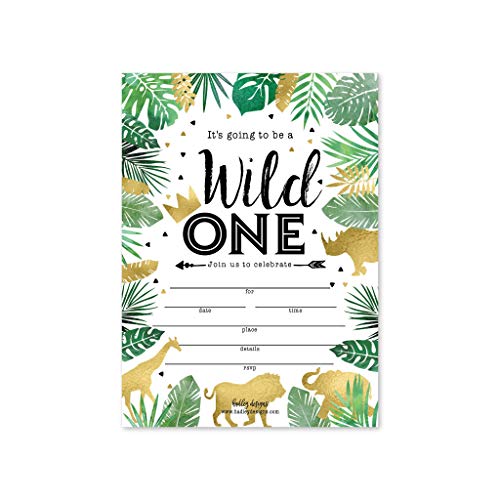 Product Cover 25 Jungle Safari Zoo, Elephant Animals Themed Kids Party Invitation, Crown Lion Tropical Invite, Forest Giraffe Wild One Bday, First Year Old Birthday Idea, Baby Card Supplies, Printable Template