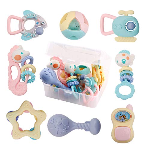 Product Cover WISHTIME Baby Rattles Teether Baby Toys - 8 Pcs Shaker, Grab and Spin Rattle, Musical Toy Set, Early Educational Toys for 3, 6, 9, 12 Month Baby Infant, Newborn