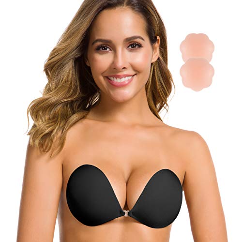 Product Cover Niidor Adhesive Bra Strapless Sticky Invisible Push up Silicone Bra for Backless Dress with Nipple Covers Black(A Cup)
