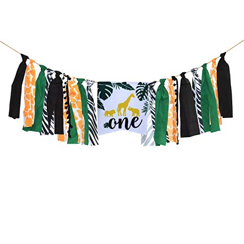 Product Cover Rainlemon Jungle Animal Theme Boy 1st Birthday Party High Chair Banner Wild One Highchair Bunting Garland Decoration