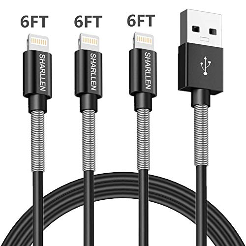 Product Cover iPhone Charger Cable SHARLLEN MFi Certified Spring iPhone Lightning Cable 6FT 3Pack Long iPhone Data Cable Wire USB Fast iPhone Charging Cord Compatible iPhone XS/MAX/XR/X/8/7/6/5/iPad/iPod(Black)