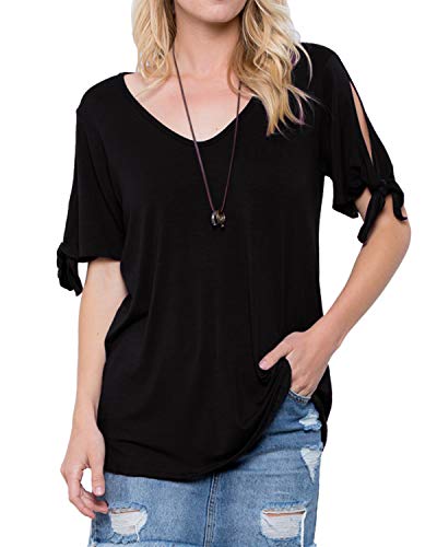 Product Cover BYSBZD Women's Short Sleeve Cut Out Cold Shoulder Tops Deep V Neck T-Shirts Black M