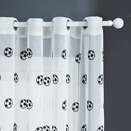 Product Cover Top Finel Soccer Kids Sheer Curtains for Boys Girls Bedroom 63 Inch Length Faux Linen Grommet White Window Curtains, Black, 2 Panels