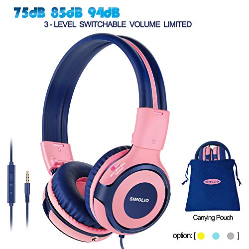 Product Cover SIMOLIO Kids Headphones with 94dB,85dB,75dB Volume Limited & Share Jack, Headphones for Girls with Mic, Durable Children Headphones with Safe Volume, On-Ear Kids Headsets for Gift/School/Plane (Pink)
