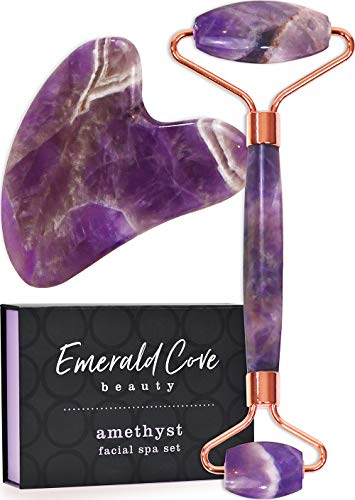 Product Cover Jade Roller for Face - Amethyst Derma Roller and Gua Sha Set for Skincare, Face Roller and Dark Circles Under Eye Treatment