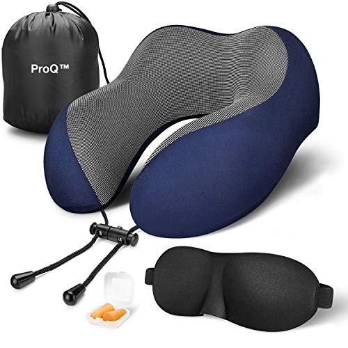 Product Cover ProQ Memory Foam Travel Neck Support Rest Pillow Eye Mask, Noise Isolating Ear Plugs Portable Combo (Blue)