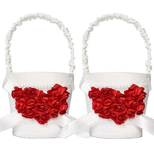 Product Cover ATAILOVE 2 Pcs Flower Girl Basket Set- Elegant Royal Love Wedding Flower Baskets (Red Rose)