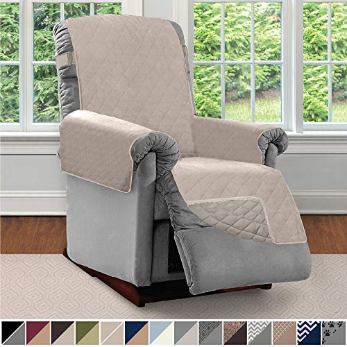 Product Cover Sofa Shield Original Patent Pending Reversible Small Recliner Protector, Seat Width to 25 Inch, Furniture Slipcover, 2 Inch Strap, Reclining Chair Slip Cover Throw for Pets, Recliner, Light Taupe