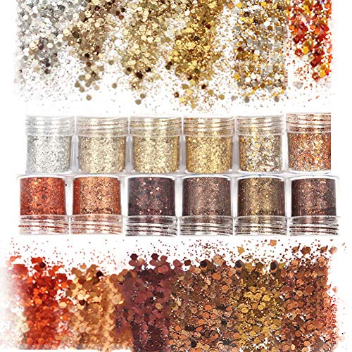 Product Cover Laza 12 Colors 120g Chunky Nail Art Acrylic Nails Powder Glitter Mixed Retro Copper Chunky Sequins Iridescent Flakes Ultra-thin Paillette Sparkles Tips for Cosmetic Face Eyes Body Hair - Golden Age