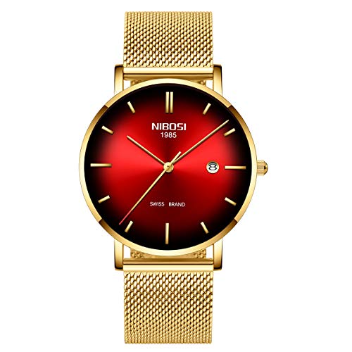Product Cover NIBOSI Mens Watch Ultra Thin Wrist Watches Fashion Waterproof Dress Stainless Steel Strap (Gold red)