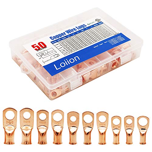 Product Cover 50pcs Copper Wire Lugs,10 Types UL Listed Heavy Duty Wire Lugs Battery Cable Closed Ends Bare Copper Eyelets Tubular Ring Terminal Connectors Assortment Kit