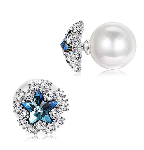 Product Cover Sllaiss Blue Star Crystal Stud Earrings for Women Ear Jacket Swarovski Created Pearl Earrings, Made with Swarovski Crystals, Jewelry Gift for Women Girls with Gift Box