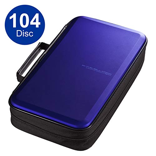 Product Cover SANWA (Japan Brand) 104 Large Capacity CD Case, Portable DVD/VCD Storage, EVA Protective Blu-ray Wallet, Binder, Holder, Booklet with Attached Handle for Car, Home, Office, Travel (Blue)