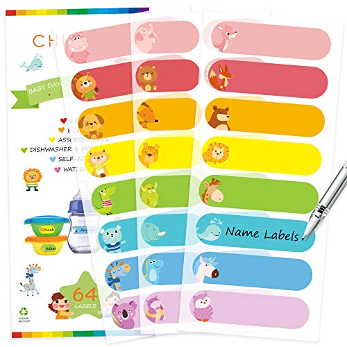 Product Cover Baby Bottle Labels for Daycare, Self-Laminating, Waterproof Write-On Name Labels, Assorted Sizes & Colors, Pack of 64