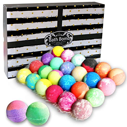 Product Cover Bath Bombs Gift Set for Women and Men. 24 Luxury Bath Bombs Individually Wrapped Bulk Box. Moisturizing Organic Bath Bombs for Women, Men and Kids! Best Bath Bomb Set for Teens too! Gifts for Him