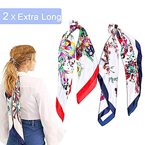Product Cover 2Pcs Silk Hair Scrunchies Extra Long Hair Scarf Elastic Hair Ties Bands Flower Pattern Hair Bobbles for Ponytail Holder, 2 in 1 Vintage Bowknot Hair Accessories Ropes Scrunchie for Women