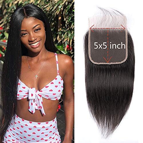 Product Cover Amberhair 5x5 Straight Lace Closure 100% Human Hair Brazilian Virgin Hair Free Part Closure With Baby Hair Natural Color 14inch