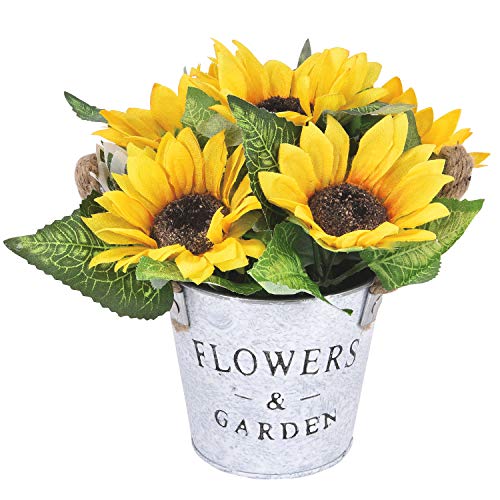 Product Cover Artificial Sunflowers Pot, Silky Artificial Sunflower Metal Pot Bonsai, Artificial Flowers in Metal Potted, Artificial Sunflower Bouquet with Vase for Wedding Party Stage Centerpieces Windowsill Decor