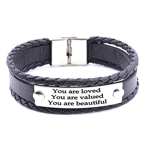 Product Cover Inspirational Gifts for Women Saying Stamped You are Loved You are Valued You are Beautiful Stackable Wrap Leather Inspirational Bracelet,Multi-Layer Cuff Bangle.
