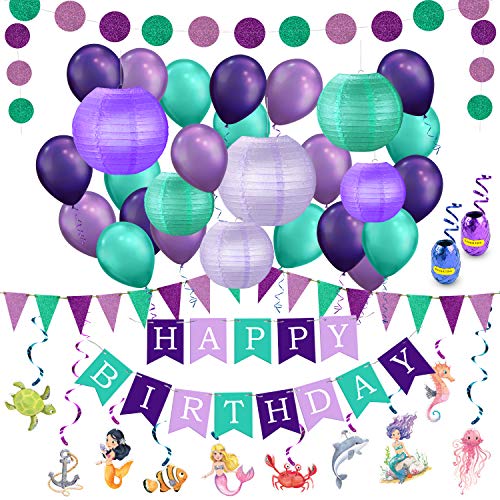 Product Cover 40 pcs of Mermaid Party Supplies with Under The Sea Blue and Purple Birthday Party Decorations Set Birthday Bunner,Swirls, Balloons, Lanterns and Garlends