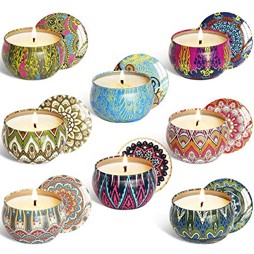 Product Cover YUCH Scented Candles, 2.5 oz Scented Candles Pure Soy Wax Portable Travel Tin Candle for Stress Relief, 8-Pack Gift Set